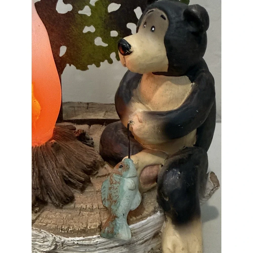 Vtg Black Bear Campfire Night Light Table Lamp Rustic Cabin Lodge Decor Flicker